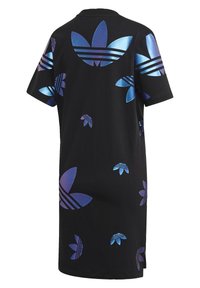 Svart t-shirtklänning med framträdande blå och lila grafiska logotyper. Korta ärmar, avslappnad passform, mjukt bomullstyg, knälång design.