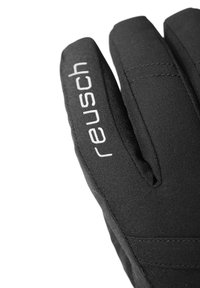 Svarta handskar i textilier med förstärkt söm. Inkluderar vit "Reusch"-logotyp på baksidan. Fingerdesign för taktilt grepp.