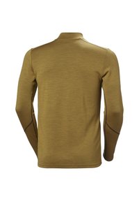 Langsleeve, olijfgroene top van textuurstof. Heeft een hoge kraag en contrasterende stiksels langs de mouwen en zijnaden.