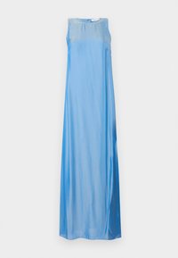 Sleeveless blue maxi dress made of smooth, shiny fabric, featuring a relaxed fit and subtle gradient from light to dark blue.