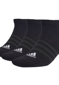 Calcetines negros hasta el tobillo con dos franjas grises y el logo blanco de Adidas en la punta. Hechos de un material suave y elástico para mayor comodidad. Incluye tres pares.