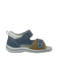 Sandalo in pelle blu e marrone con cinturino in Velcro, design aperto, parte superiore testurizzata, suola bianca con grip rotondi e dettagli di cucitura a contrasto.
