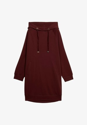 Bordeaux hoodie jurk met lange mouwen, trekkoord capuchon, zijzakken en geribde manchetten. Zachte stof met een ontspannen silhouet.