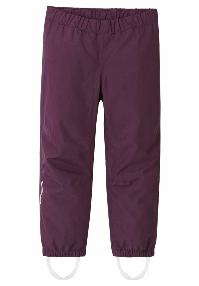 Pantalones impermeables para niños en morado profundo, con cinturilla elástica, rodilleras reforzadas y dobladillos ajustables en las piernas con correas blancas.