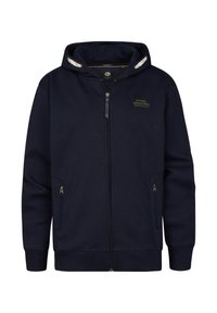 Navy zip-up hoodie gemaakt van zachte stof, met een capuchon, twee zijzakken met ritsen en een klein logo aan de bovenkant links.
