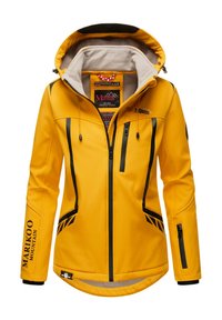 Yellow outdoor jacket with a hood, featuring black accents, zippered pockets, and soft inner lining. Logo printed on sleeves and body.