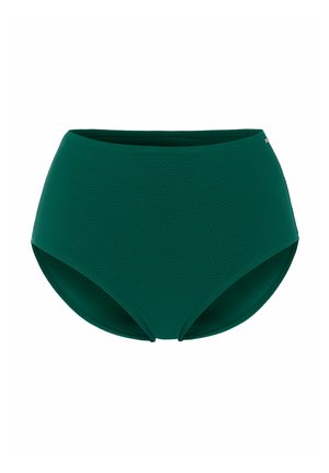 Bikinibund med høj talje i mørkegrøn med tekstureret stof og en glat linning, designet til badetøj.
