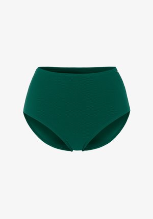 Tummanvihreä korkeavyötäröinen bikinialaosa, jossa on teksturoidusta kankaasta valmistettu sileä vyötärönauha, suunniteltu uimavaatteisiin.