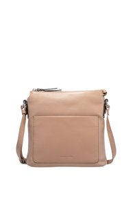 Borsa a tracolla in pelle beige con chiusura a zip, tasca frontale piatta, tracolla regolabile e texture liscia. Design minimalista.