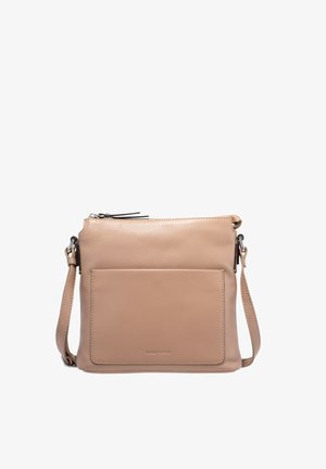 Beige leren schoudertas met een ritsluiting, platte voorzak, verstelbare schouderriem en een gladde textuur. Minimalistisch ontwerp.