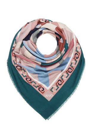 Vierkante sjaal opgevouwen tot een driehoek met meerkleurige geometrische patronen in teal, roze, blauw en bruin, met franjes aan de randen en het merkembleem.