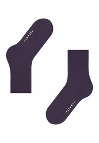 Calze di cotone viola con risvolto a coste, punta e tallone rinforzati. Presentano il logo grigio chiaro "FALKE" e la taglia "35-38" stampata sul lato.