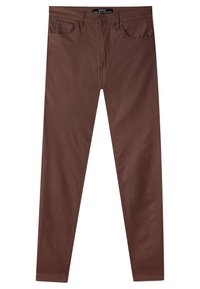 Hnědé slim-fit džíny vyrobené z baavlněné směsové tkaniny. Mají klasický pětikapsový design, zipový poklopec a kovové zapínání. Hladká textura.