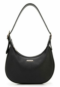 Bolso de hombro semilunar negro de cuero con correa ajustable y placa con el logo "Wittchen" en tono dorado en el frente.