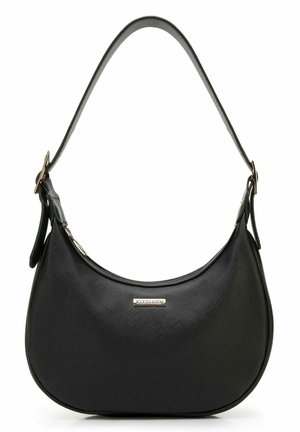 Borsa a tracolla in pelle semicircolare nera con tracolla regolabile e placca con logo "Wittchen" in tonalità oro sulla parte anteriore.