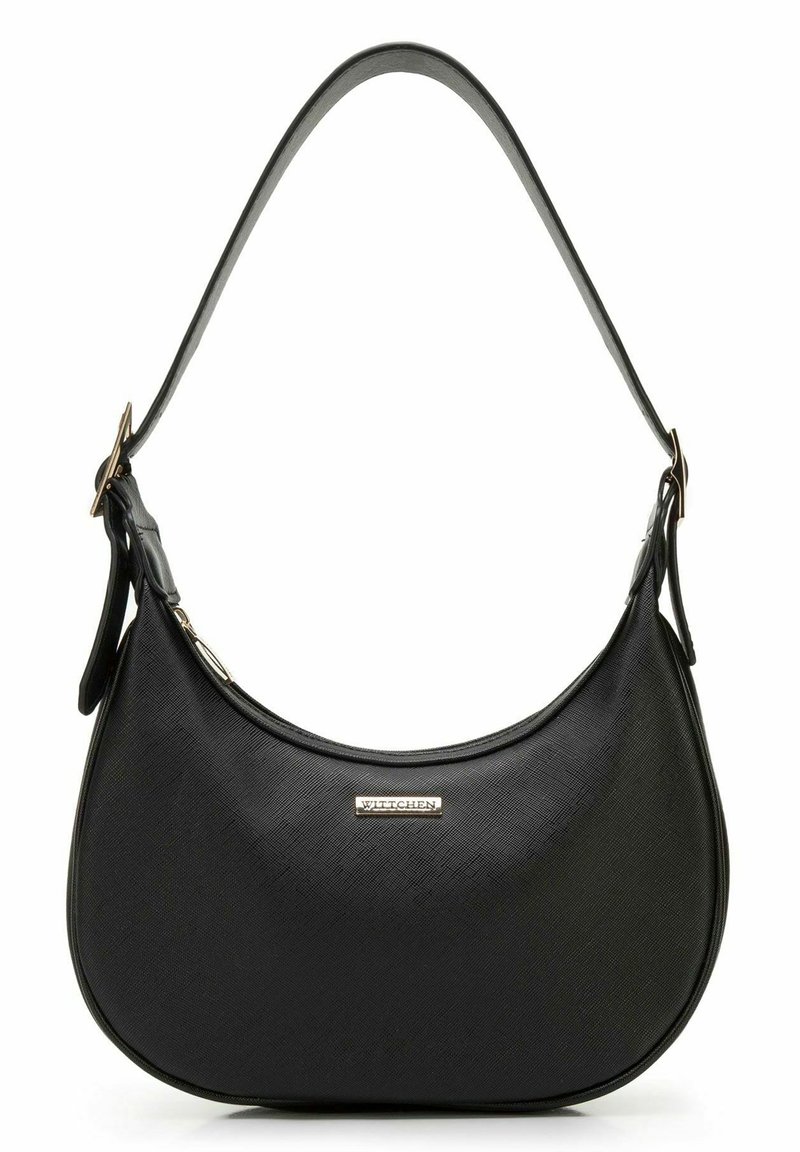 Bolso de hombro semilunar negro de cuero con correa ajustable y placa con el logo "Wittchen" en tono dorado en el frente.