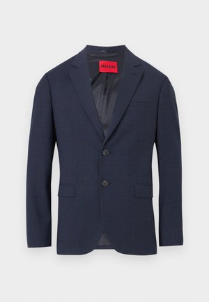 Blazer pour homme bleu marine avec un motif à carreaux subtil, deux boutons à l'avant, revers crantés et poches à rabat, étiquette HUGO à l'intérieur du col.