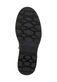 Semelle de botte en caoutchouc noir avec surface texturée, comportant des motifs hexagonaux et circulaires pour l'adhérence. Marquée avec la taille 40 et le logo de la marque.