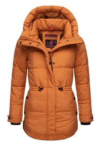Veste d'hiver matelassée orange avec capuche, fermeture éclair et boutons à l'avant, cordons de taille réglables et poches latérales, conçue pour les temps froids.