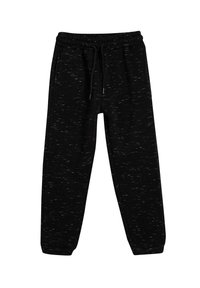 Sorte joggere lavet af blødt stof med et struktureret mønster, der har en elastisk talje, justerbart snørebånd og tætsiddende cuffs.