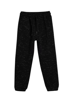 Joggers negros fabricados con un tejido suave que presenta un patrón texturizado, con una cintura elástica, cordón ajustable y puños ajustados.