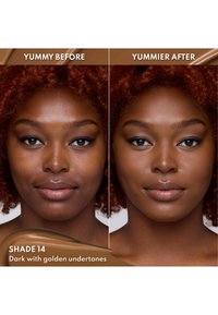 Confronto prima e dopo del volto di un modello, che mostra una carnagione liscia e luminosa nella tonalità 14, scura con sottotoni dorati.