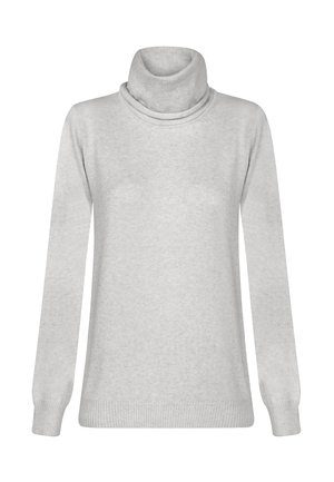 Suéter de cuello alto gris claro con mangas largas, puños y dobladillo acanalados, hecho de un tejido suave y texturizado, con un cuello drapeado relajado.