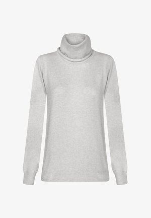 Lys grå rullekravesweater med lange ærmer, ribbede manchetter og kant, lavet af blødt, struktureret stof, med en afslappet draperet krave.