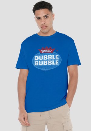 Blue cotton t-shirt with short sleeves featuring "Dubble Bubble" text in white and red, oval logo, and crew neckline.