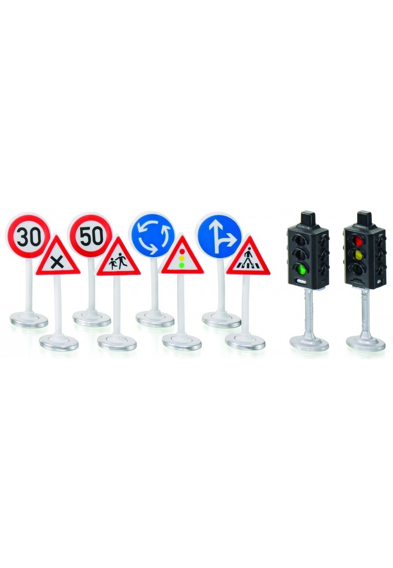 Traffic sign set featuring various shapes including circles and triangles. Red, blue, and black colors, with clear printed symbols for navigation.