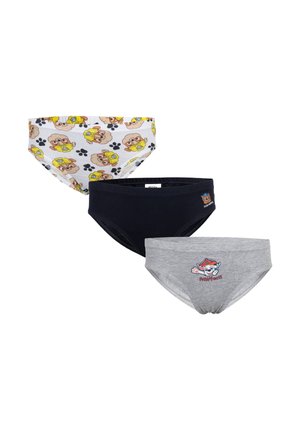 Tre paia di mutandine per bambini: una bianca con stampe di cani, una blu navy e una grigia con un logo di cartone animato. Cotone, tessuto morbido, con vita elastica.