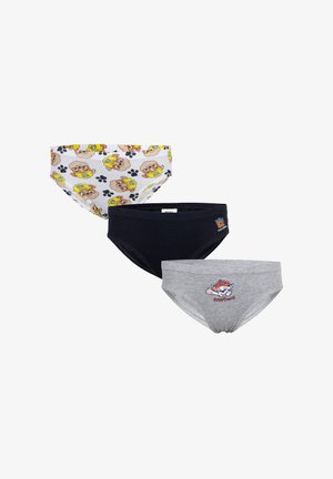 Three pairs of children’s underwear: one white with dog prints, one navy, and one gray with a cartoon logo. Cotton, soft texture, elastic waistbands.