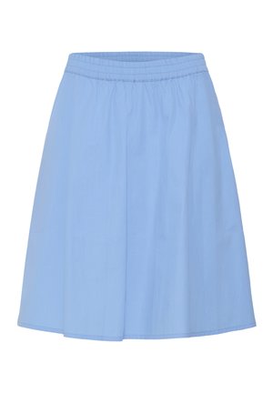 Lichtblauwe knielange rok met elastische tailleband en lichte uitlopende vorm, gemaakt van lichtgewicht stof.