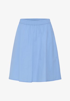 Light blue, knee-length skirt with elastic waistband and slight flare, made of lightweight fabric.