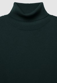 Dunkelgrüner Rollkragenpullover, gerippte Textur, enganliegendes Design, mit hohem Kragen und glatter Oberfläche.
