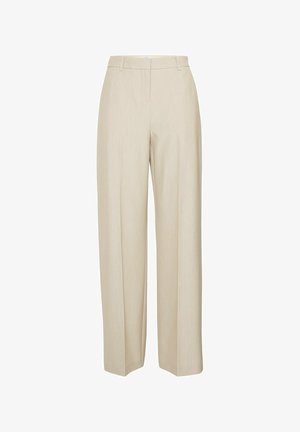 Beige vida byxor med en mjuk textur, hög midja och subtila veckdetaljer. Tillverkad av lättviktigt tyg, lämplig för olika tillfällen.