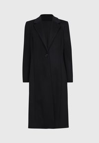 Abrigo largo negro con solapa muesca, cierre de un solo botón y diseño recto. Confeccionado con tela texturizada, cuenta con mangas largas.