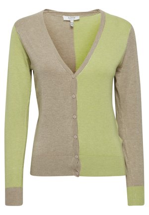 Cardigan color-blocked beige e verde, con profondo scollo a V, chiusura a bottoni, polsini a coste e un morbido tessuto lavorato.