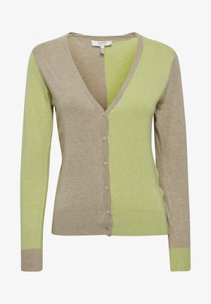 Béžový a zelený farebne blokovaný kardigán, s hlbokým V-výstrihom, predným zapínaním na gombíky, rebrovanými manžetami a mäkkým textúrovaným pletením.