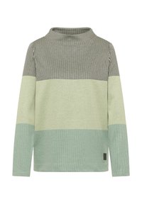 Langärmeliges Oberteil mit hohem Kragen, das abwechselnd vertikale Streifen in Grün, Minze und Dunkelgrau aufweist. Weicher Stoff mit Etikett-Detail.