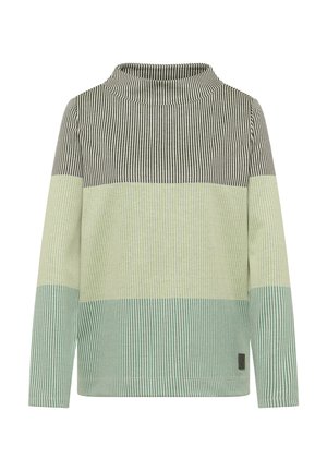 Długi rękaw z wysokim kołnierzem, z naprzemiennie ułożonymi pionowymi paskami w kolorach zielonym, miętowym i ciemnoszarym. Miękka tkanina z detalem w postaci metki.