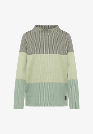 Długi rękaw z wysokim kołnierzem, z naprzemiennie ułożonymi pionowymi paskami w kolorach zielonym, miętowym i ciemnoszarym. Miękka tkanina z detalem w postaci metki.