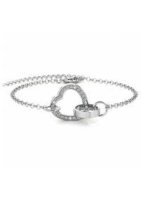 Silberarmband mit einem herzförmigen Anhänger, der mit klaren Steinen verziert ist, verbunden mit einem kreisförmigen Akzent, an einer zarten Kette.