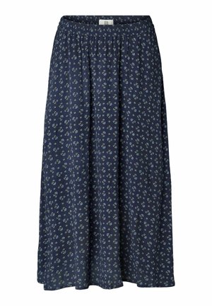 Jupe midi bleu marine avec petit imprimé floral bleu clair et vert, taille élastique et tissu fluide et ample.