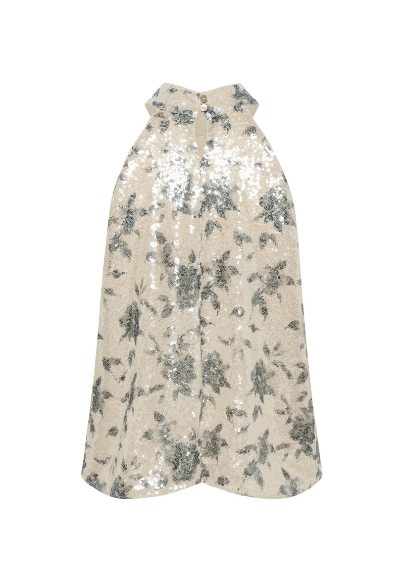 Beige kappe med sølvfarvede blomster-sekvenser, en krave og knaplukning ved halsen. Tekstureret overflade med en glimmer-effekt.
