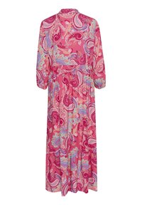 Roosa paisleimustriga maksikleit, millel on kolmandiku pikkusega varrukad, nööbitav kaelus ja tõmbamisega vöökoht. Kangas on sile ja kerge tekstuuriga.