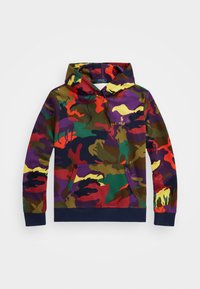 Felpa con cappuccio caratterizzata da un motivo camouflage multicolore nelle tonalità di verde, viola, rosso e giallo. Include una tasca a marsupio.