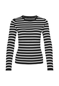 Czarny i biały top z długim rękawem o prążkowanej fakturze i okrągłym dekoltem, z równomiernymi poziomymi paskami o różnej szerokości.