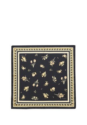 Zwarte vierkante sjaal met crèmekleurige en gele bloemenpatronen en een decoratieve rand met bladeren en geometrische vormen.