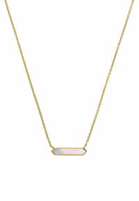 Collier en chaîne dorée avec un pendentif en pierre rectangulaire irisée aux bords lisses, solidement fixé dans un cadre métallique simple.